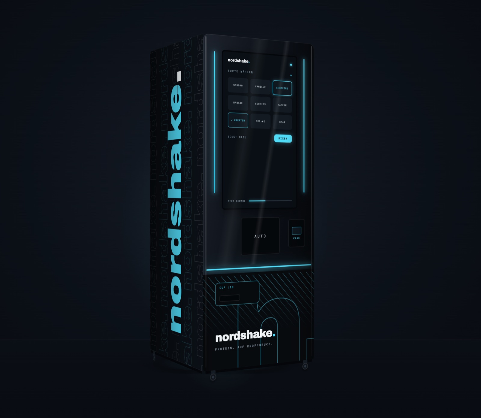 Render des nordshake Automaten: Nachtblau foliert mit Cyan-Details, Touchscreen und Ausgabefach